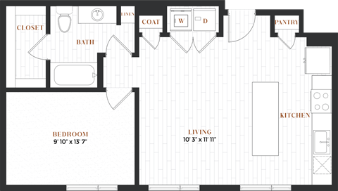 Floor plan for 1 bed, 1 bath, 708 sqft